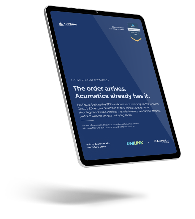 Cover of the Native EDI for Acumatica guide displayed on a tablet.