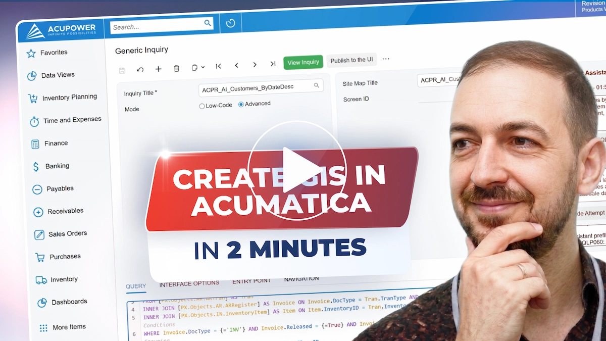 Yuriy Zaletskyy generating an Acumatica Generic Inquiry from a plain-English prompt.