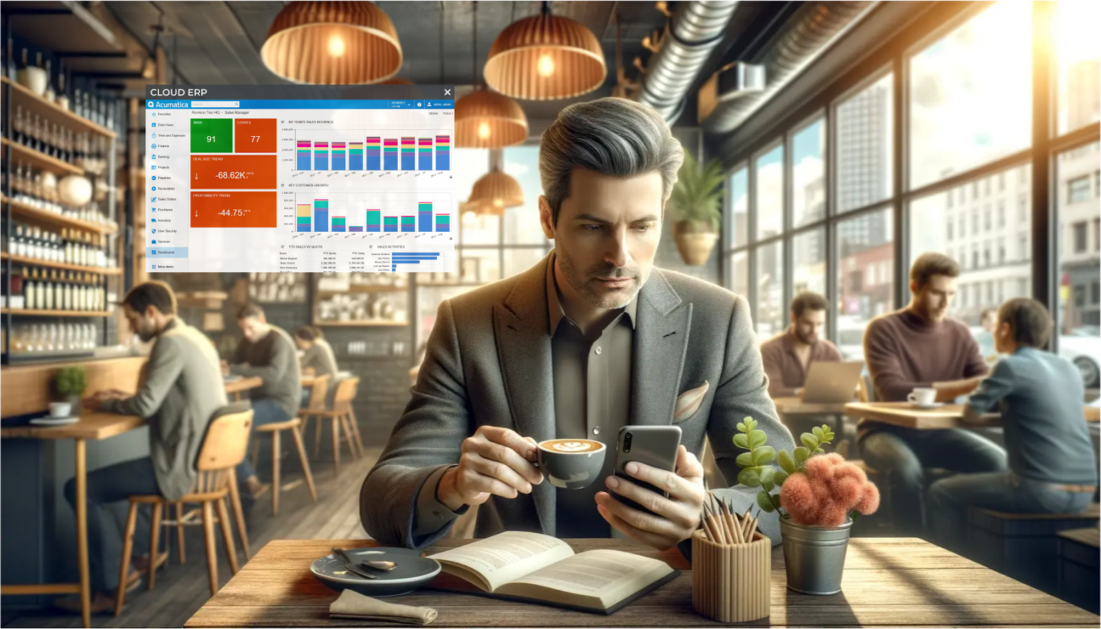 a businessman sitting in a coffee shop and using Acumatica Cloud ERP on his phone