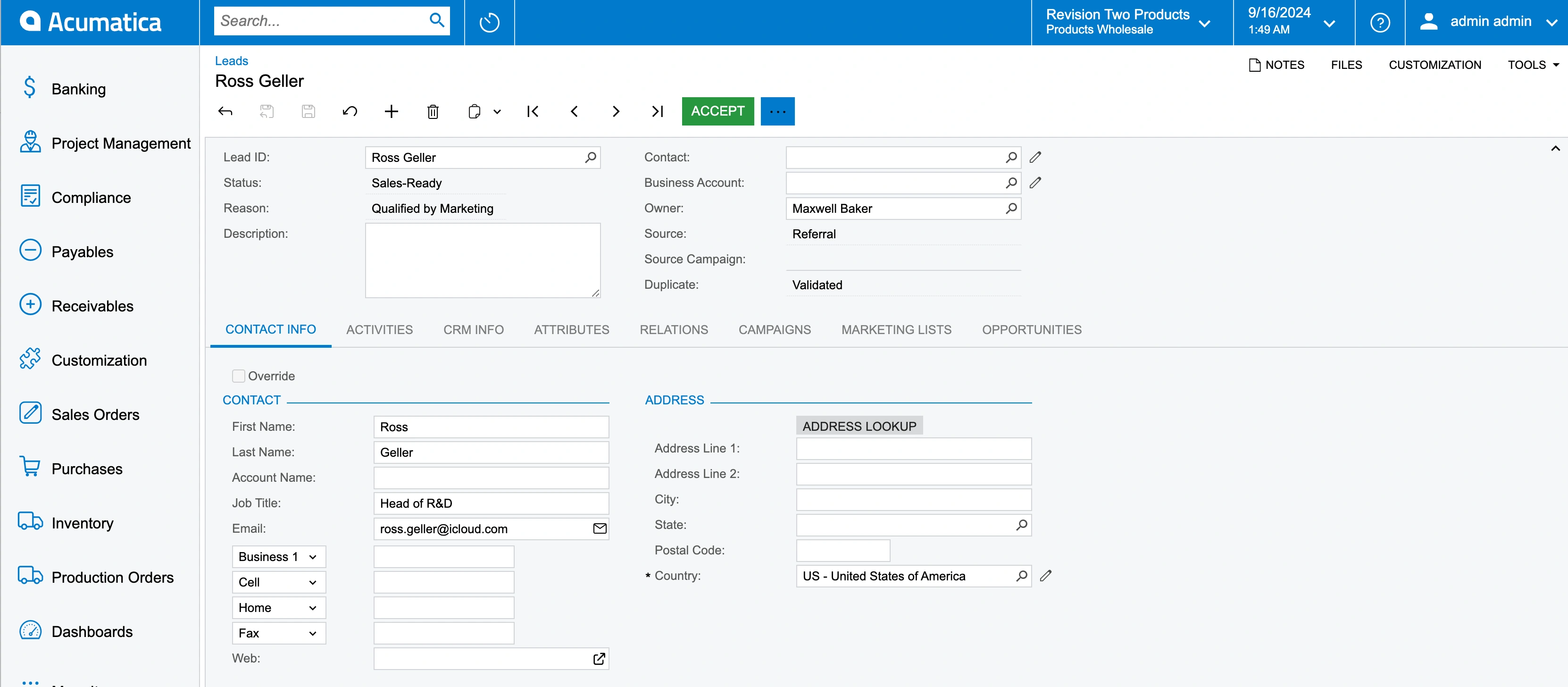 Accept the lead. Acumatica CRM