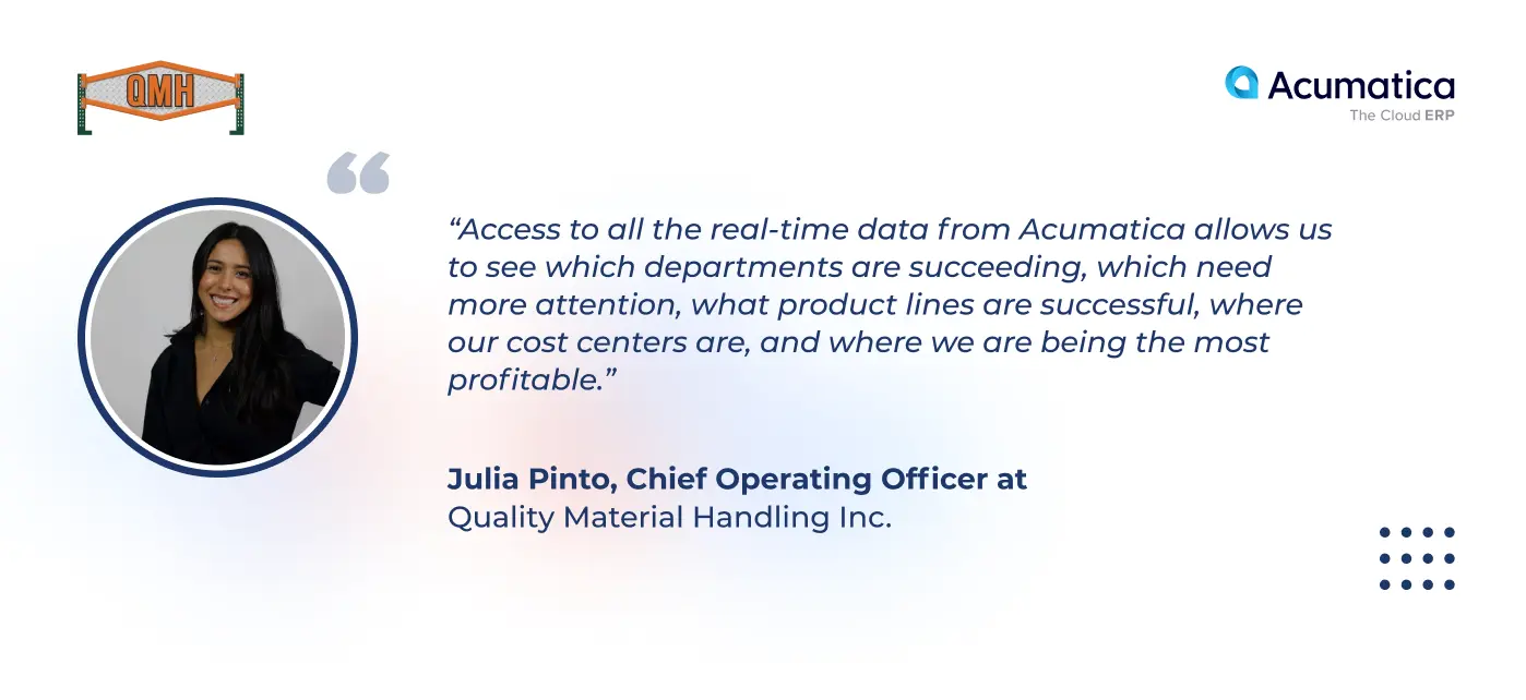 a quote of Julia Pinto, COO at QMH, about real-time data and easiness of access in Acumatica