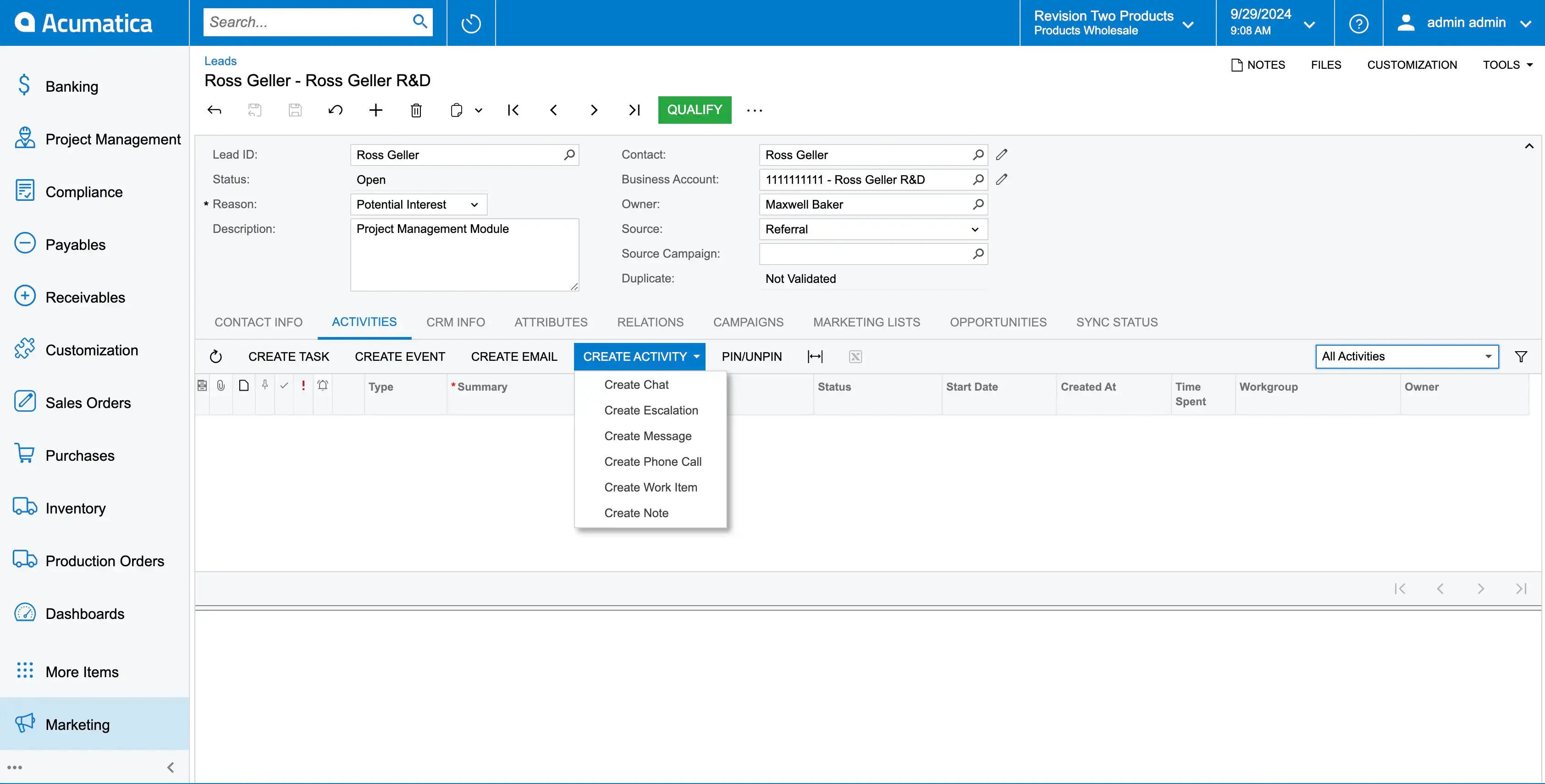 Acumatica CRM. Lead management. Log activity