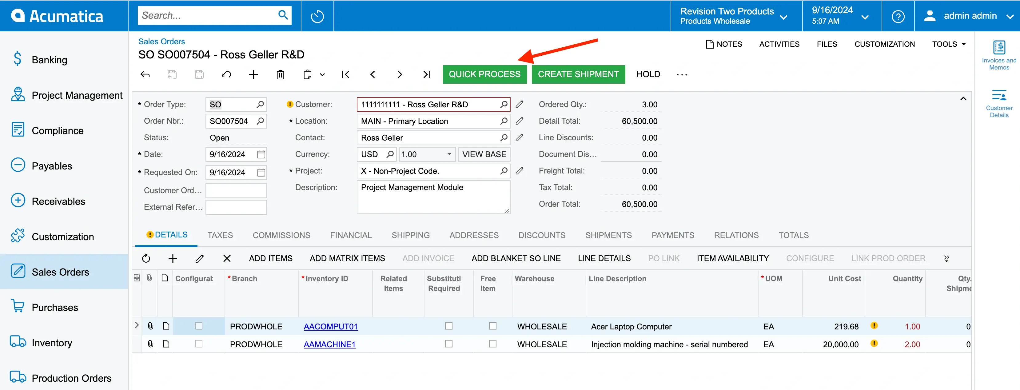 Sales Order. Quick Process. Acumatica CRM