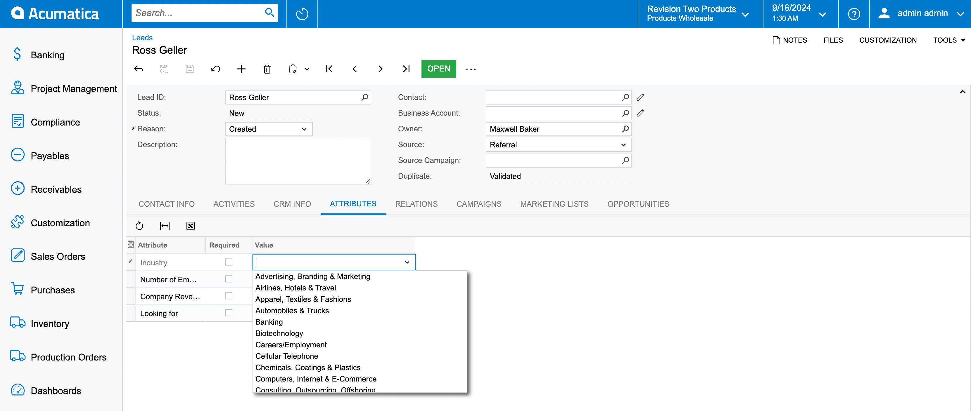 Lead Attribute in Acumatica. Industry