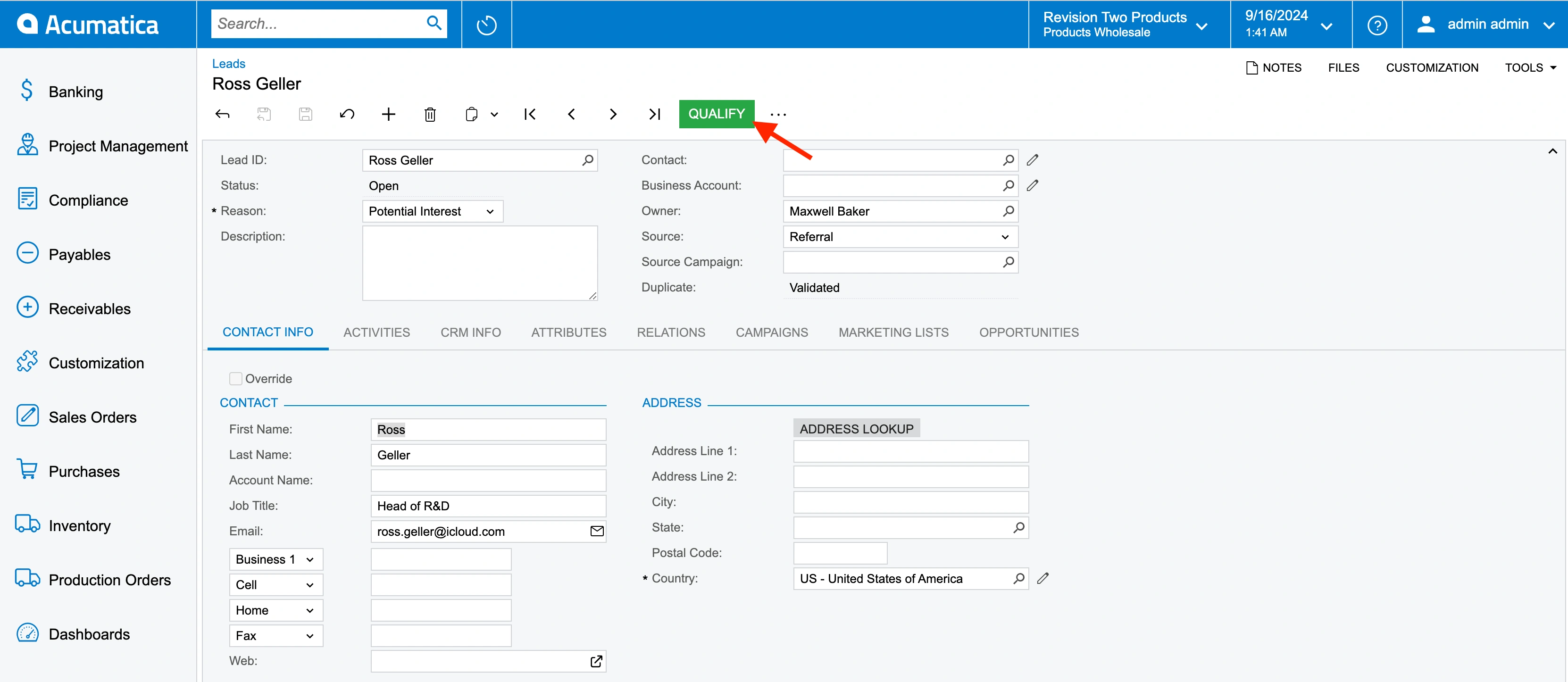 Qualify a lead. Acumatica CRM