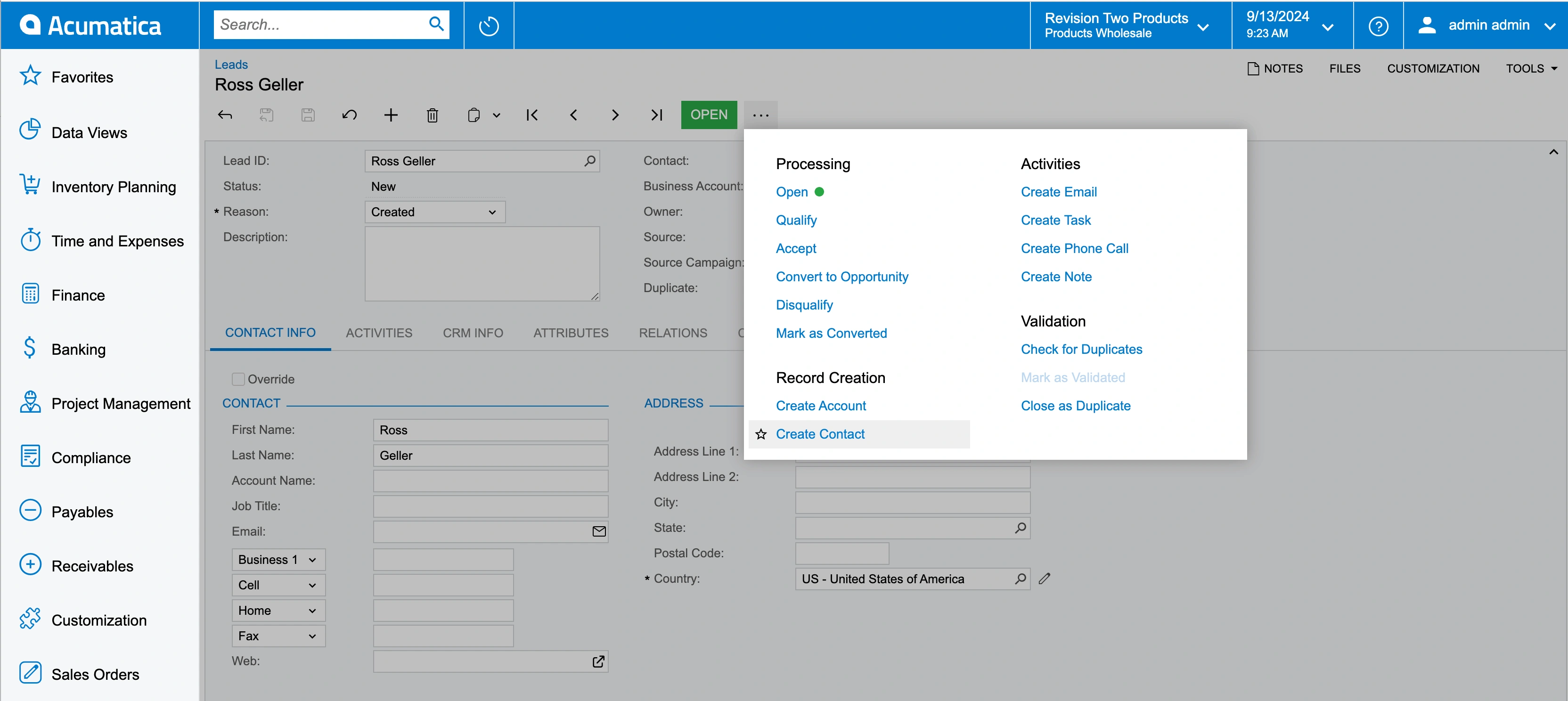 Acumatica CRM. Lead management