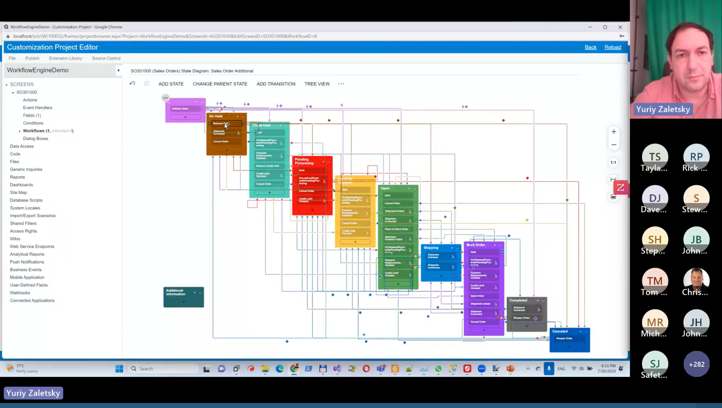 Teams call where Yuriy Zaletskyy describes Acumatica workflows