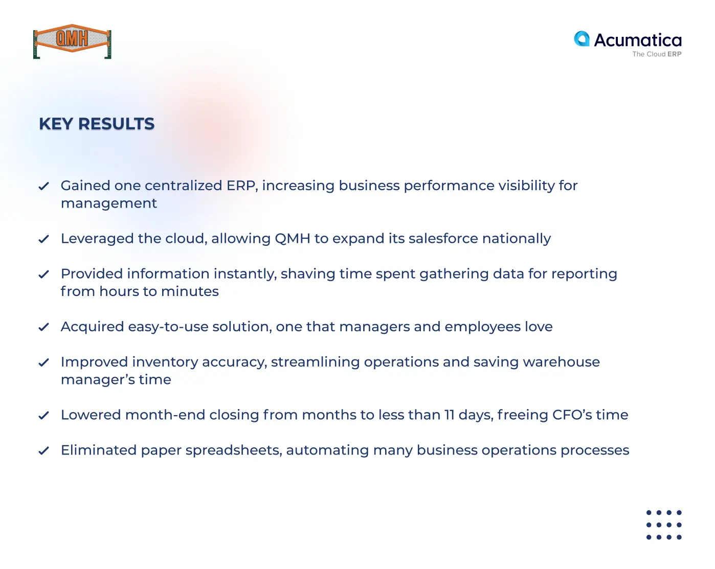 Key results of QMH with Acumatica Cloud ERP