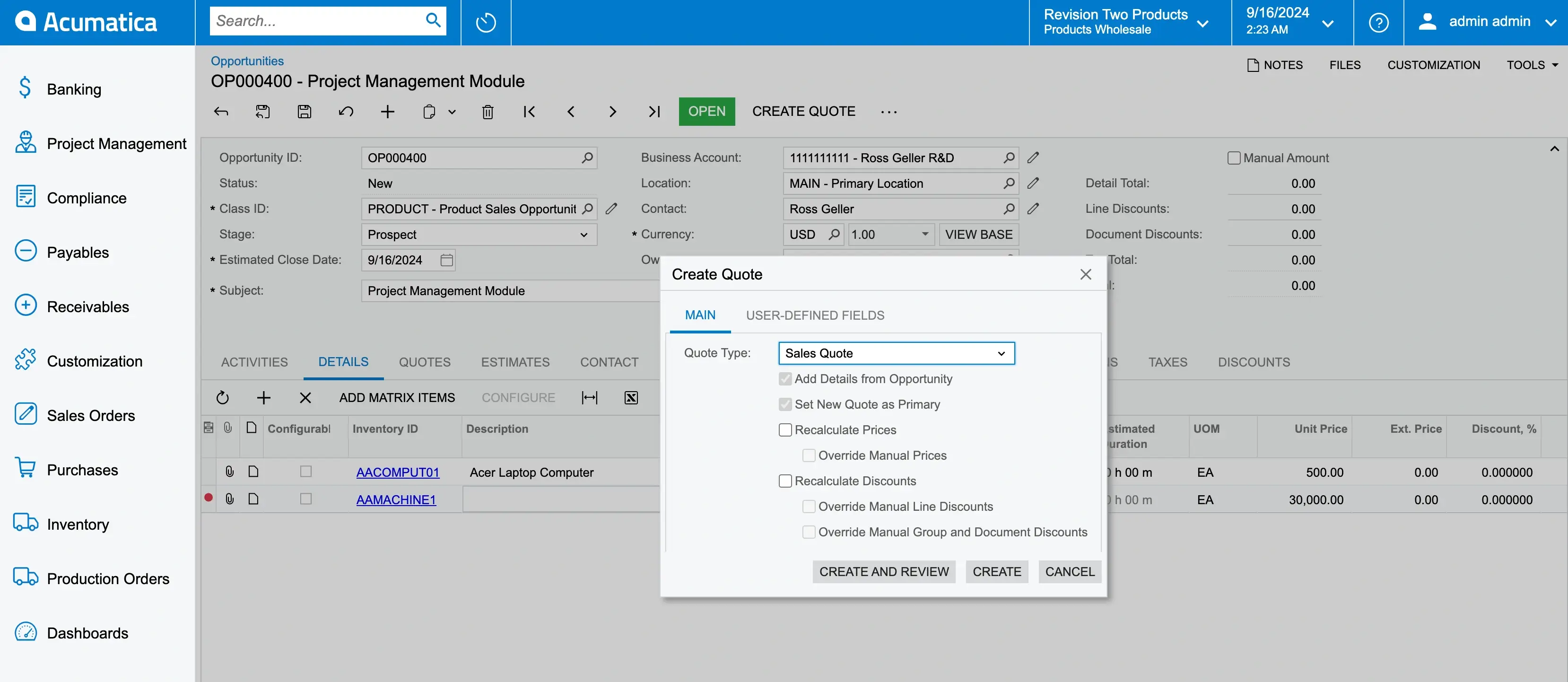 Acumatica CRM. Create a quote