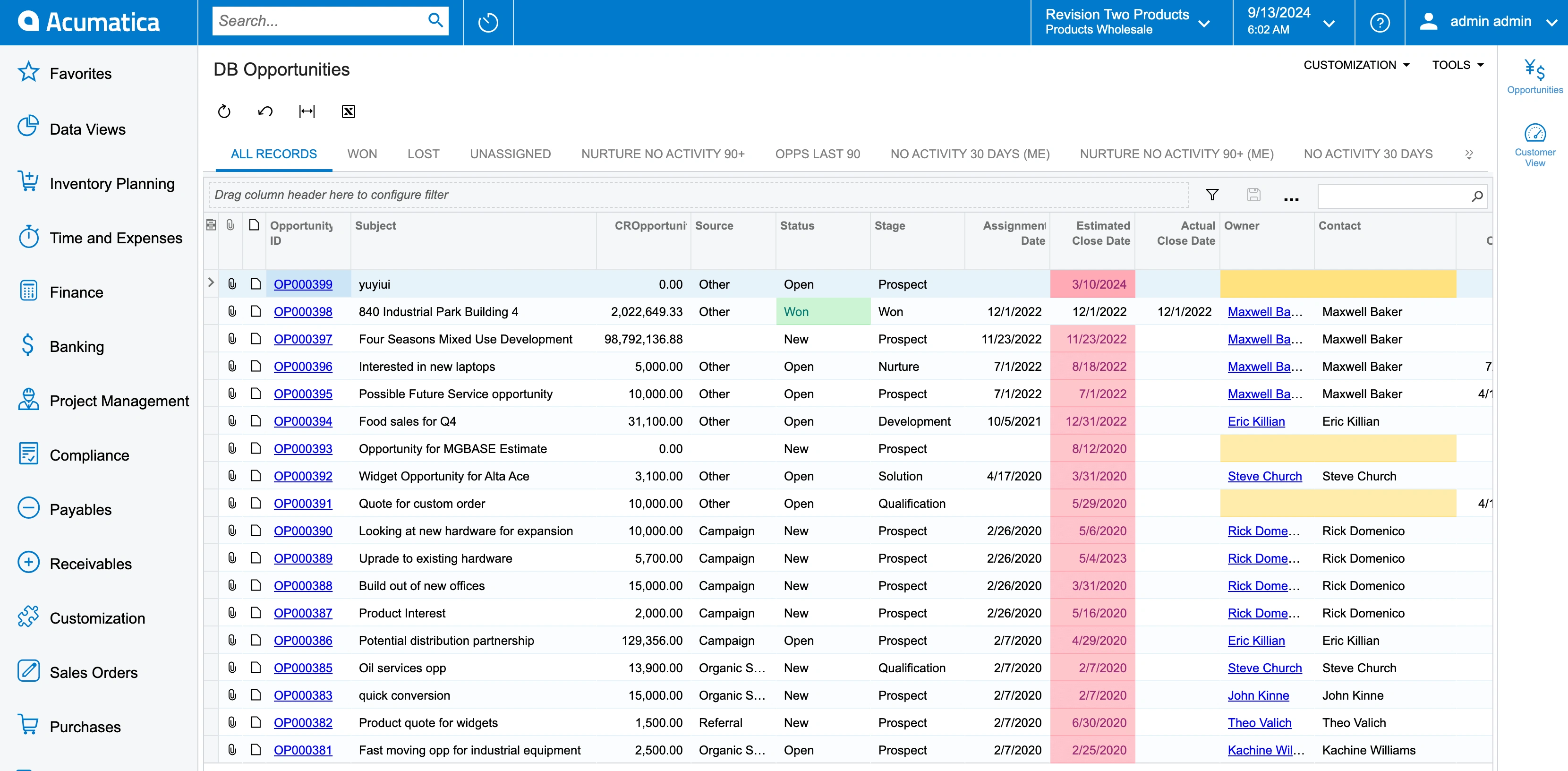 Dashboard Opportunities in Acumatica