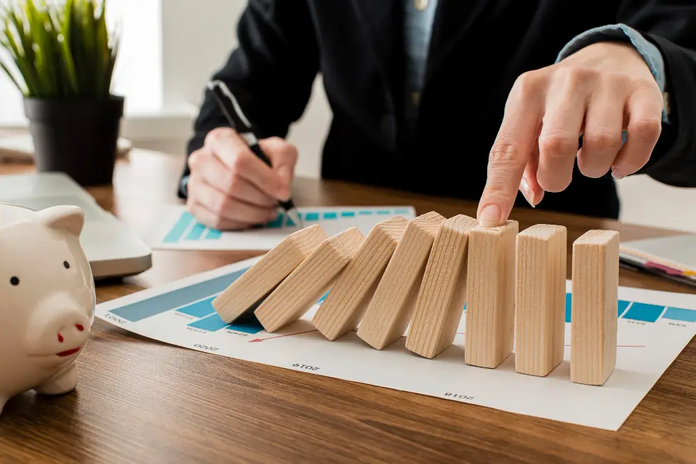 a businessman working on a strategy with blocks