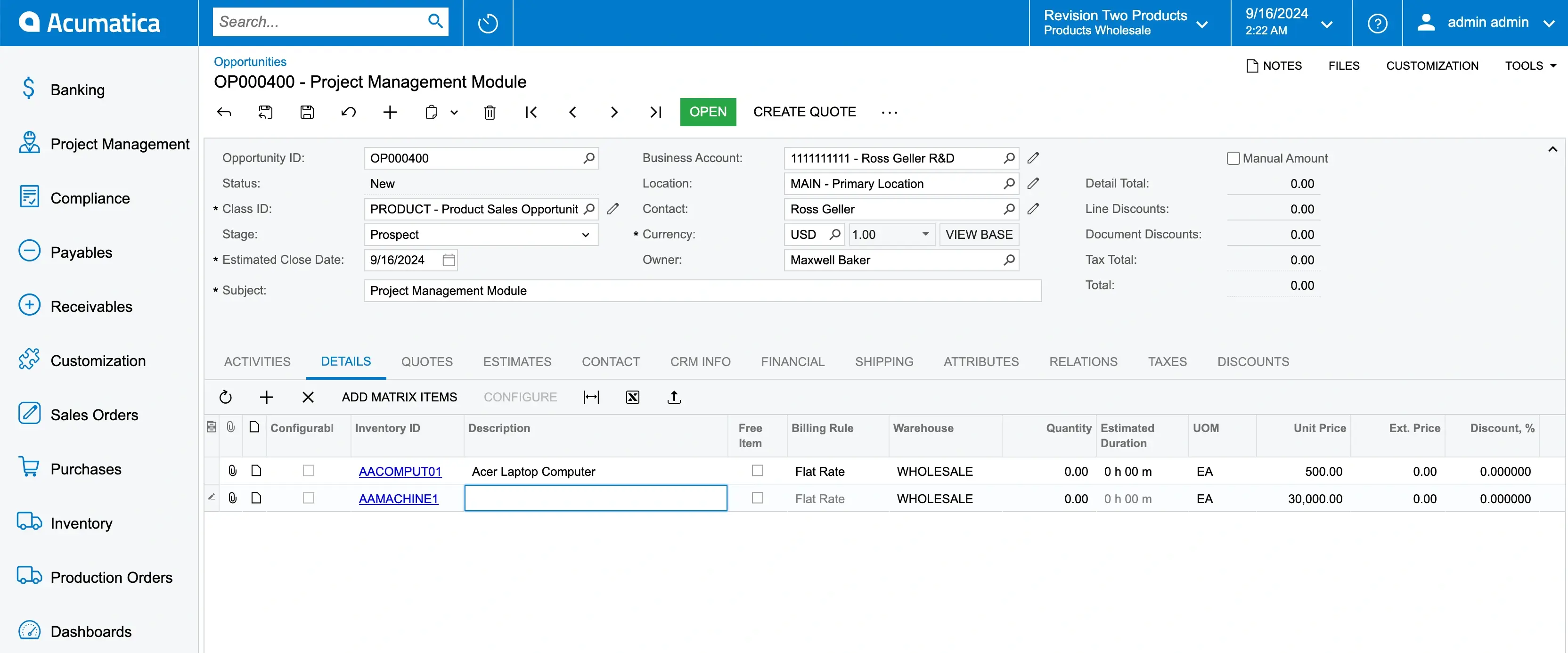 Details in opportunity. Acumatica CRM