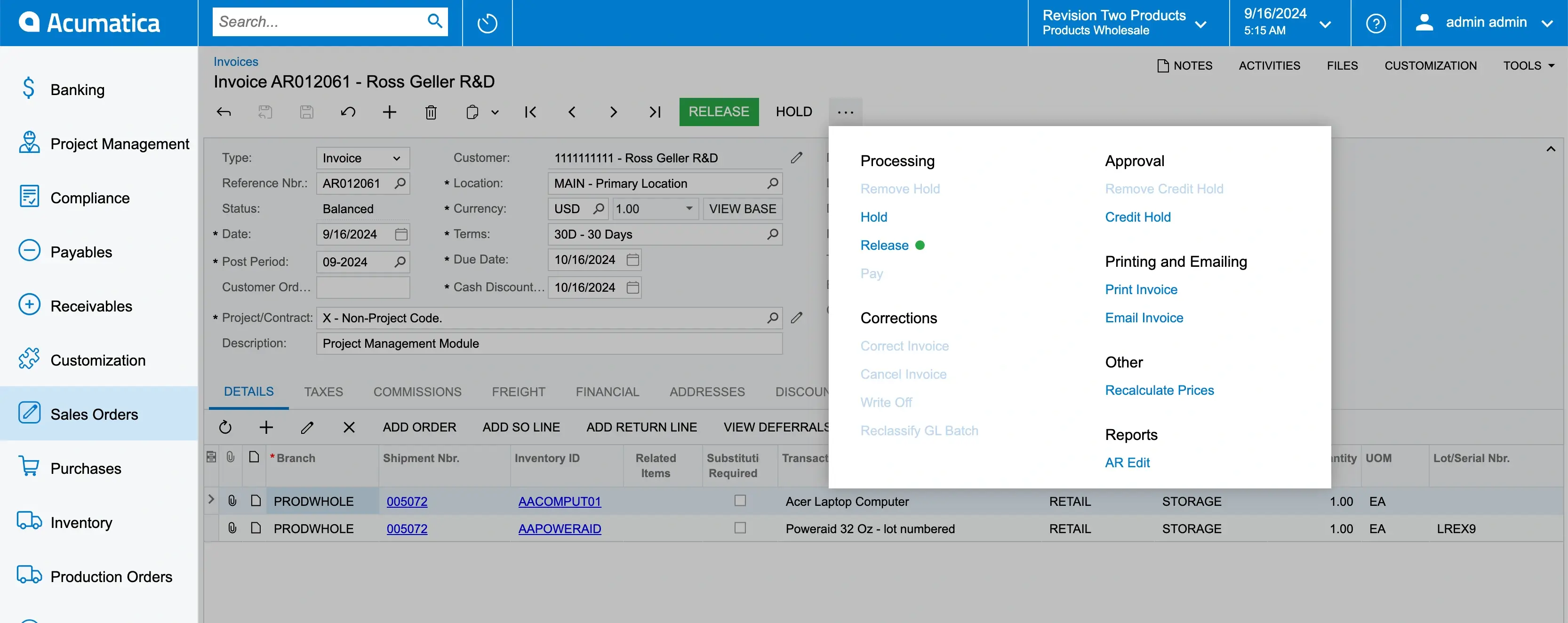 Invoice activities. Acumatica CRM 