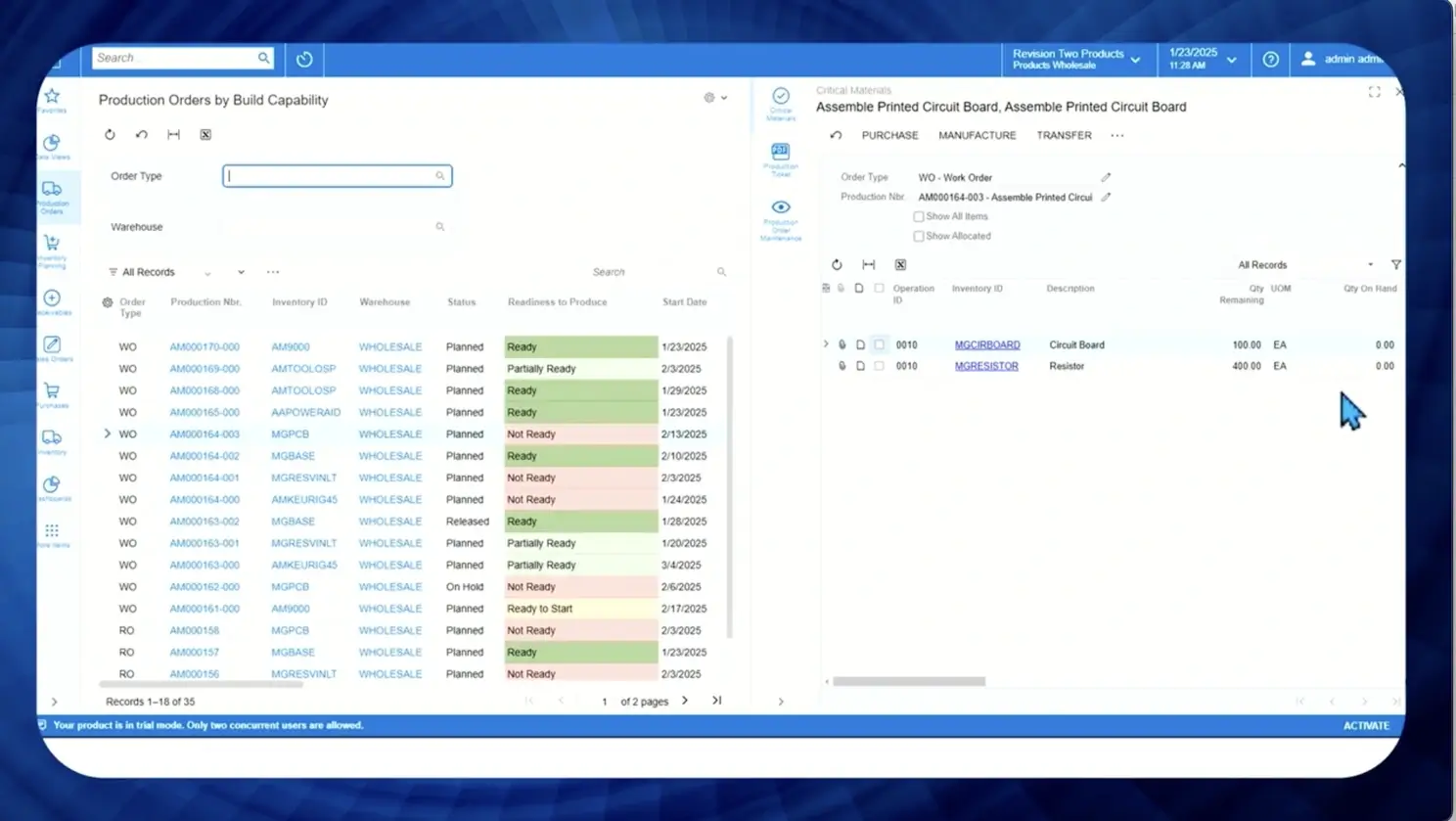 Production Orders by Build Capability Screen. Acumatica Manufacturing Edition. Day 2 Keynote