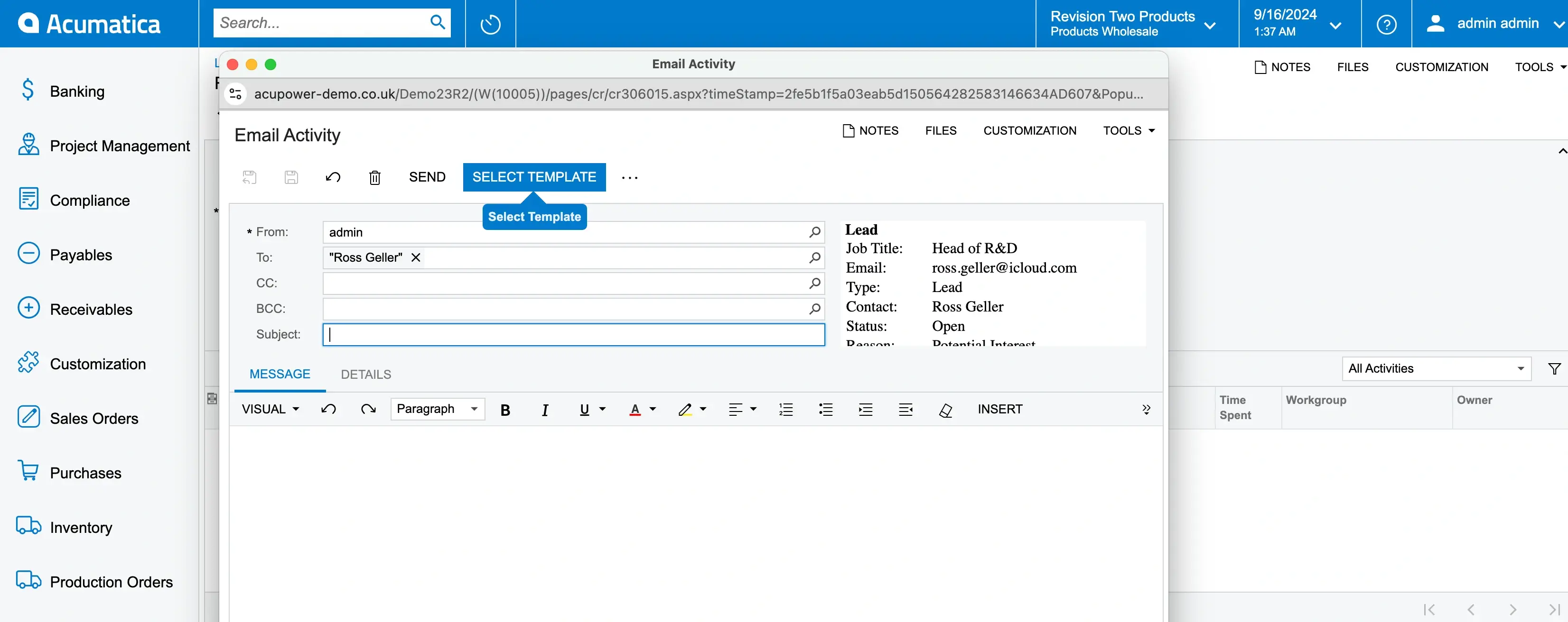 Acumatica CRM. Create an email. Select a template