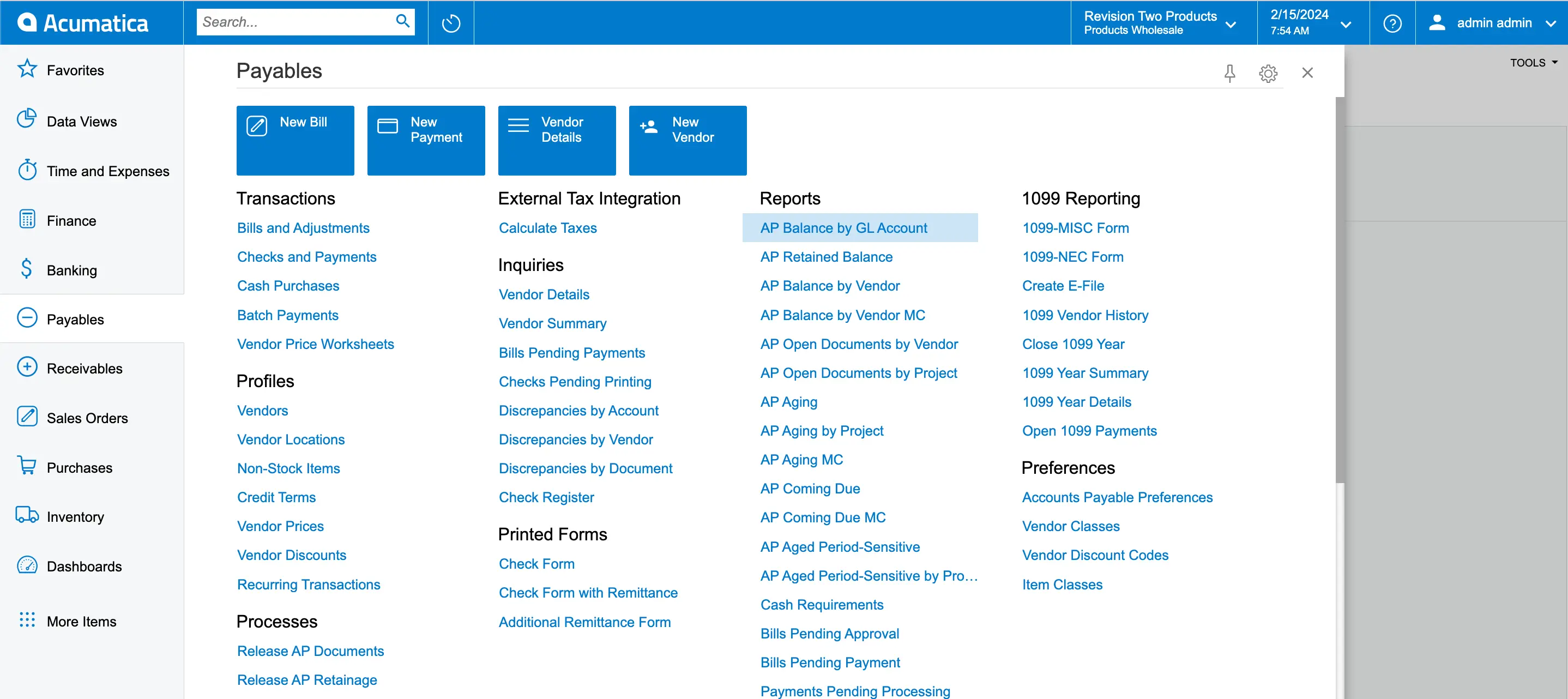 Payables module in Acumatica Cloud ERP