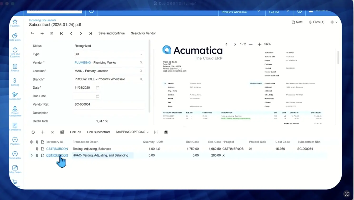 Incoming Documents Screen. Acumatica Construction Edition. Day 2 Keynote 