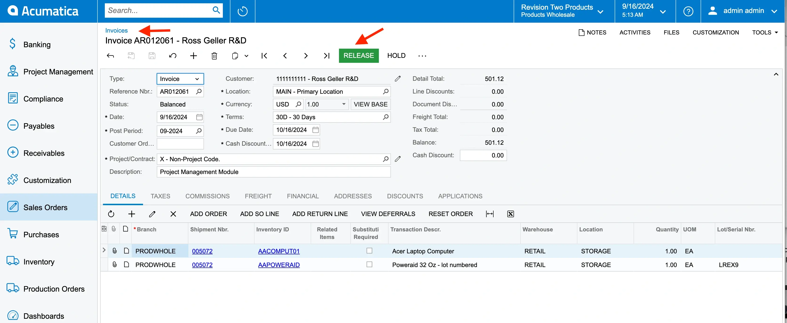 Release invoice. Acumatica CRM