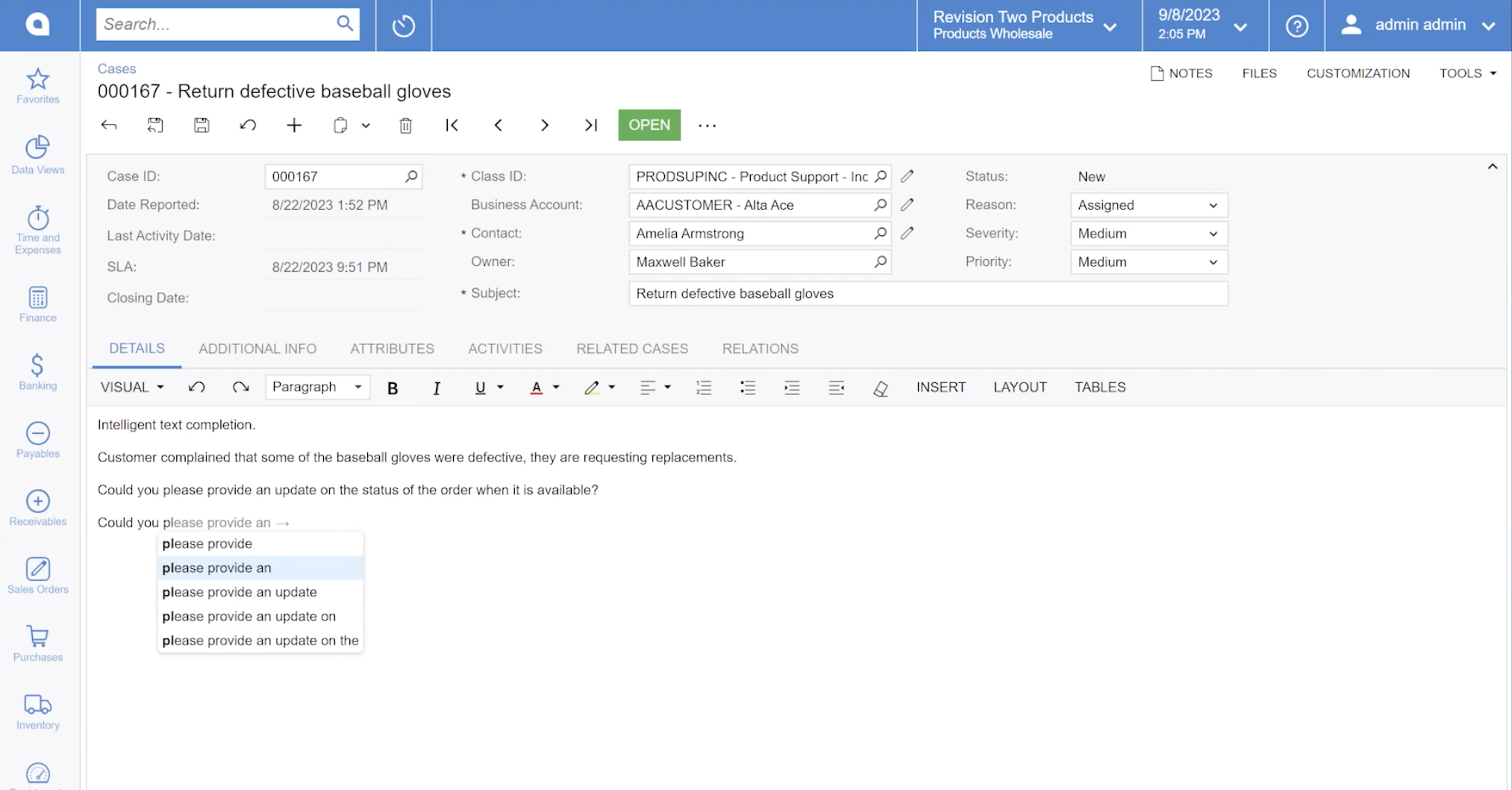 Acumatica ERP screenshot shows Efficient Support Cases handling